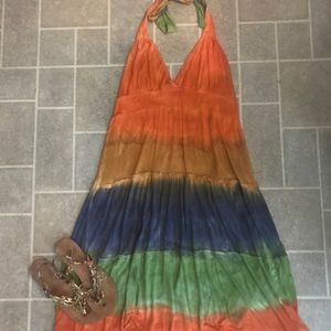 BOHEMIAN HALTER TIE DIE HIGH LOW MIDI DRESS (1056)